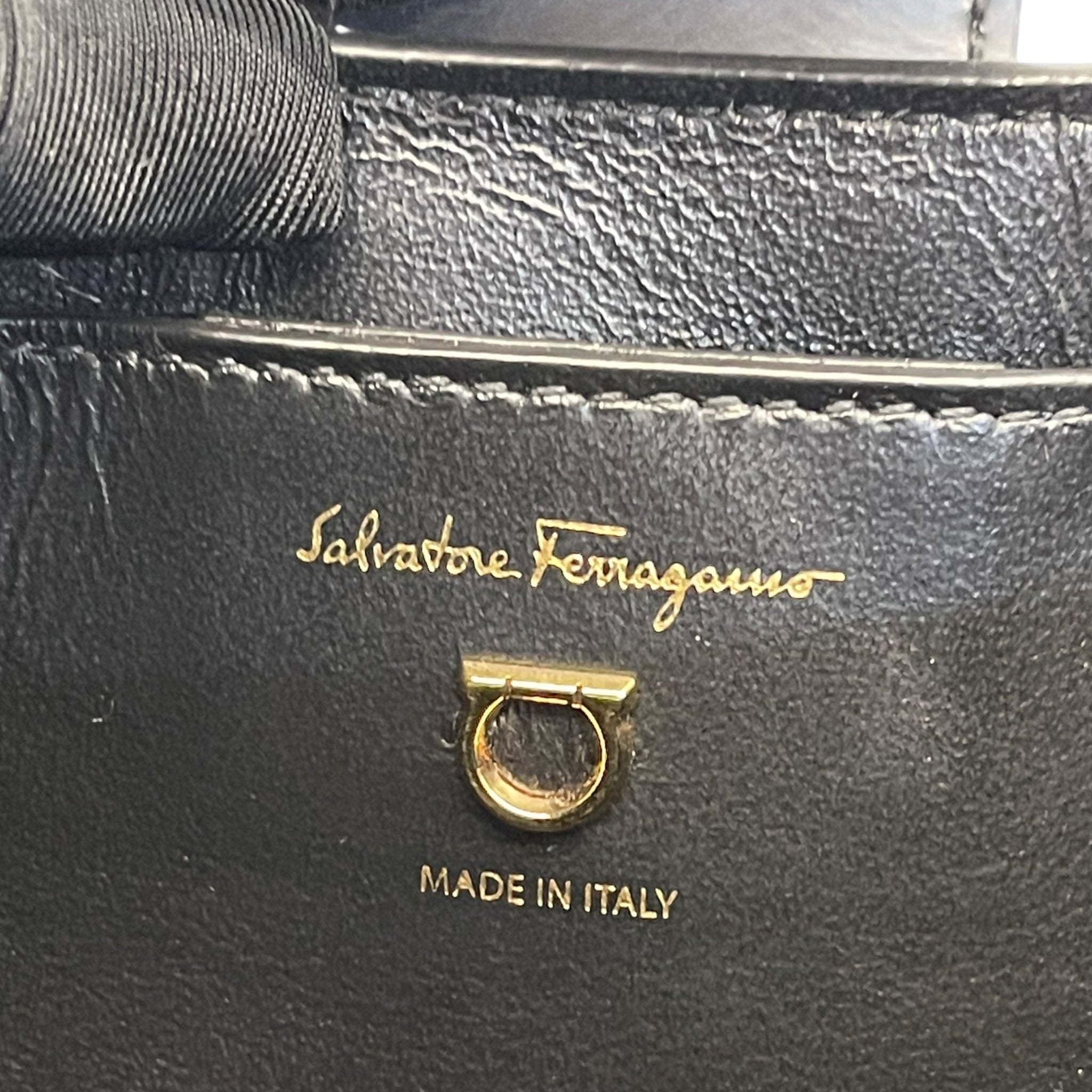 Salvatore Ferragamo Trifolio Black Leather Shoulder Bag Gold-tone Gancini Clasp