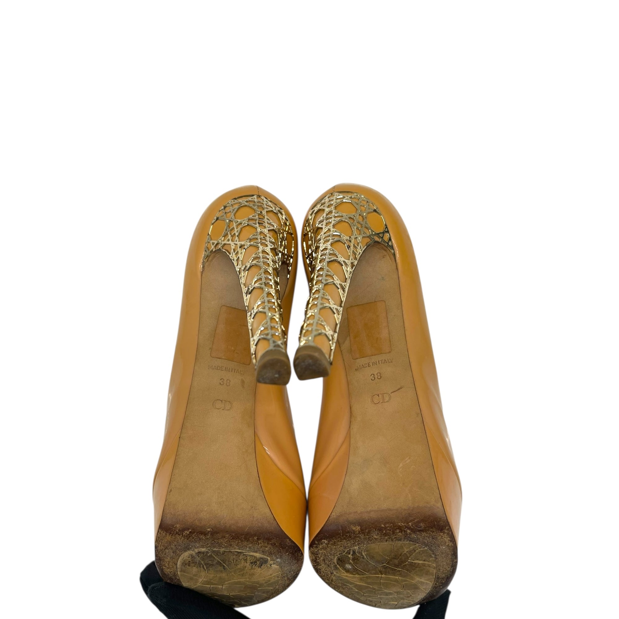 Christian Dior Peep Toe Platform Pumps Beige Patent Leather EU 38