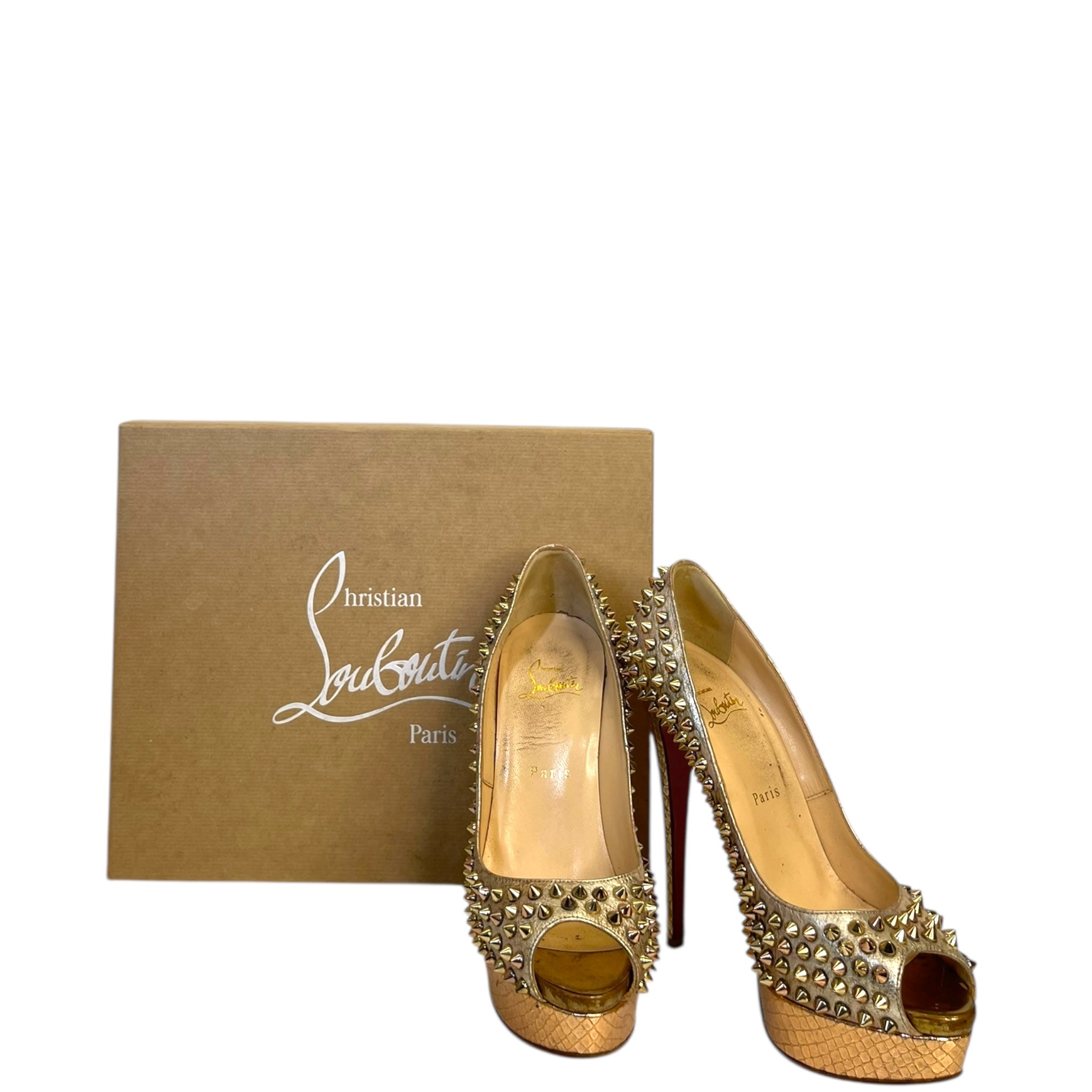 Christian Louboutin Lady Peep Toe Spikes Gold Python Leather Platform Pumps EU 38