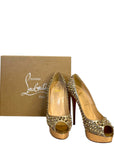 Christian Louboutin Lady Peep Toe Spikes Gold Python Leather Platform Pumps EU 38