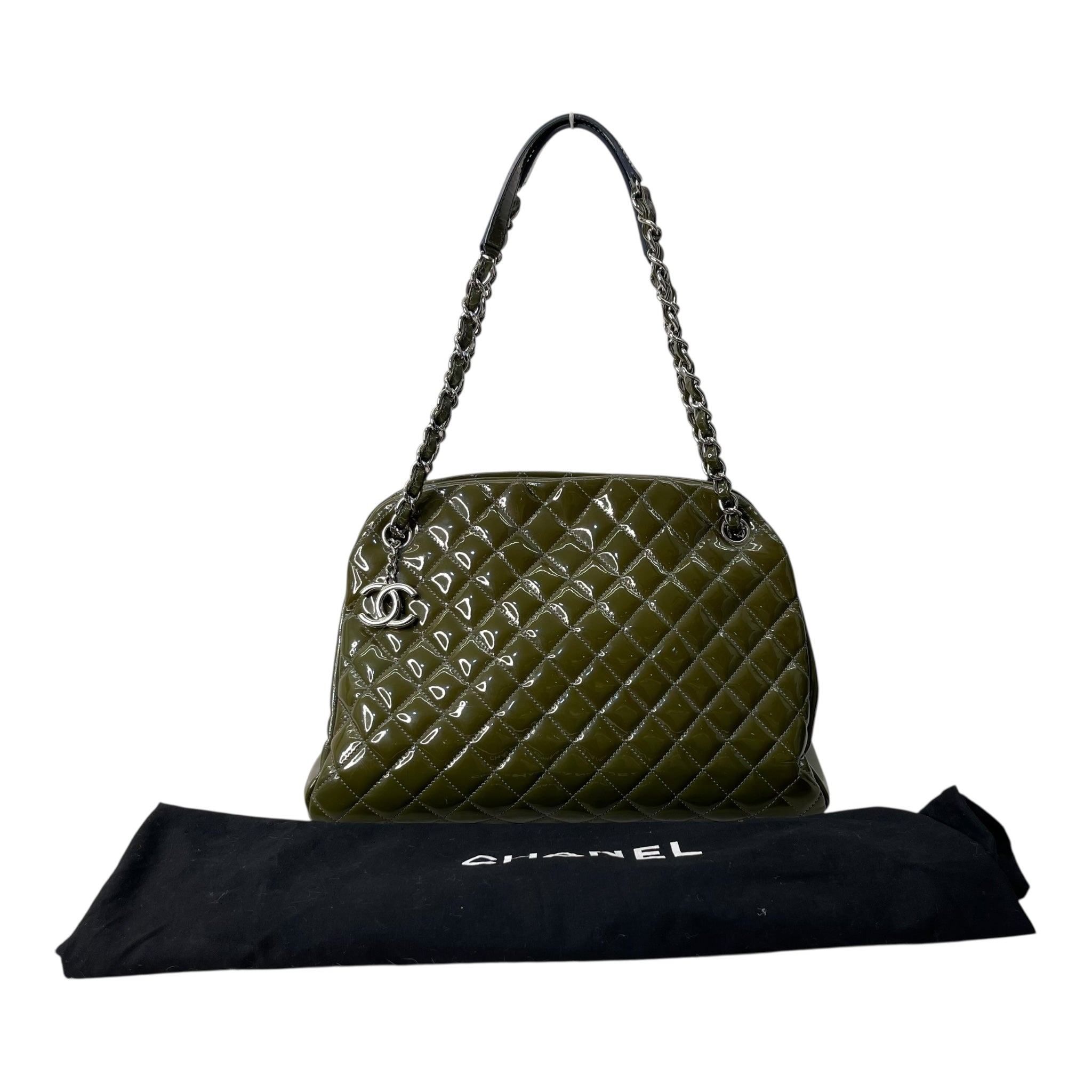 Chanel Moose Green Quilted Patent Leather Large Just Mademoiselle Bowling Bag