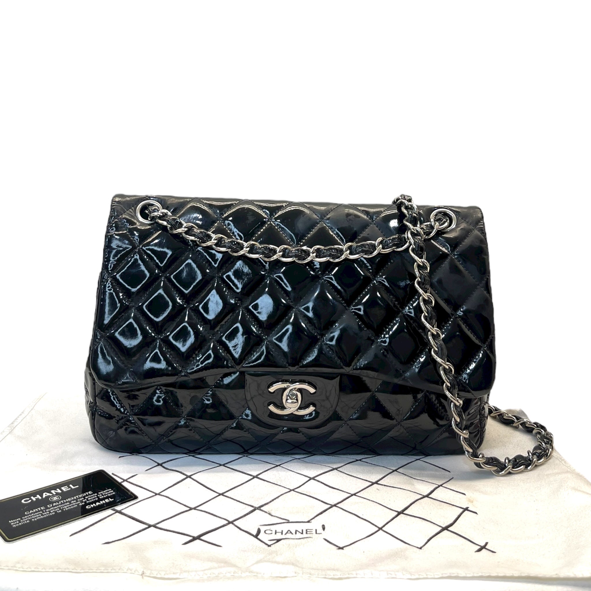 Chanel Black Quilted Patent Leather Large Classic Double Flap Bag