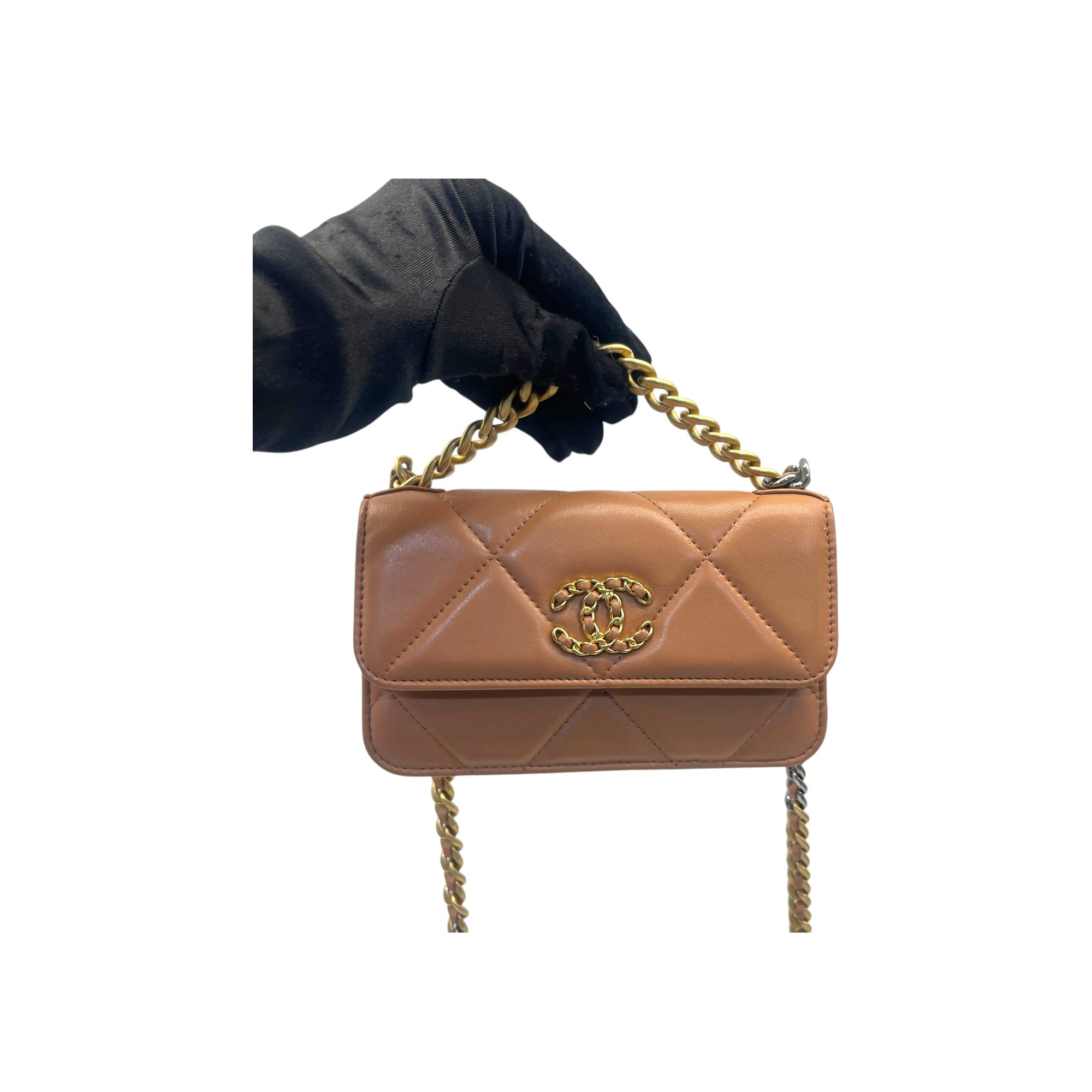 Chanel Beige Pink Quilted Leather Chanel 19 Wallet on Chain