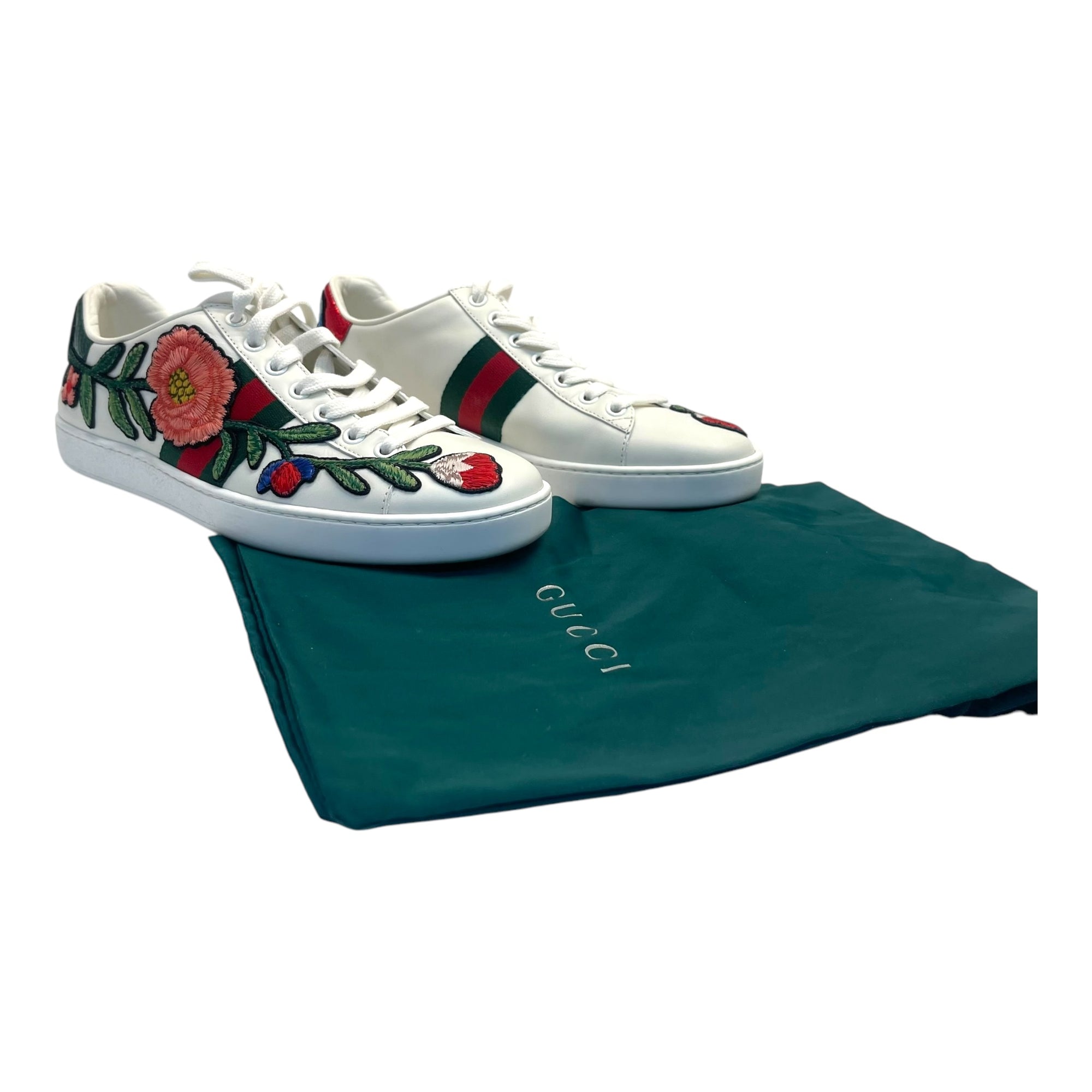 Gucci White Leather Ace Floral Embroidered Sneakers