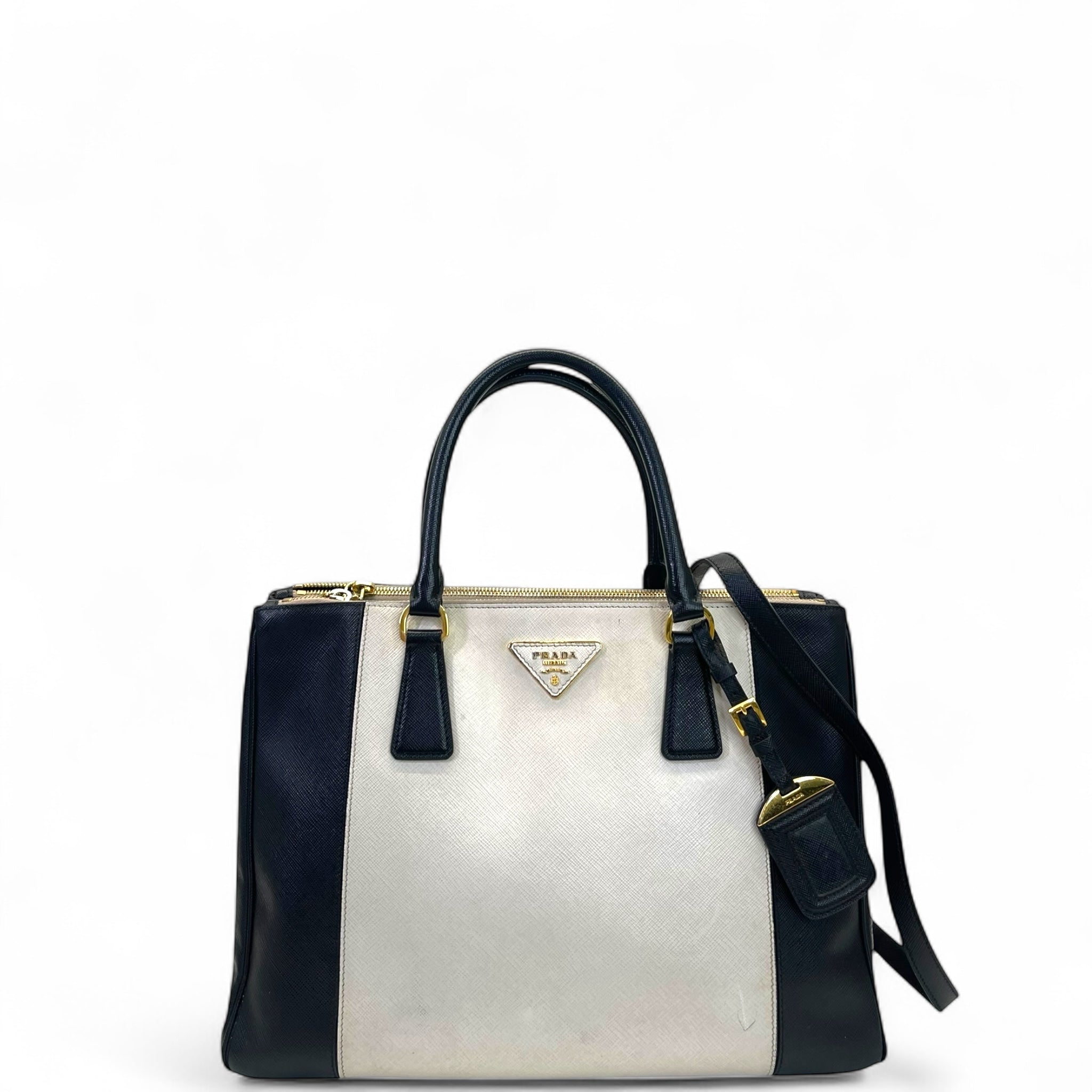Prada Double Zip Tote Black/White Saffiano Leather