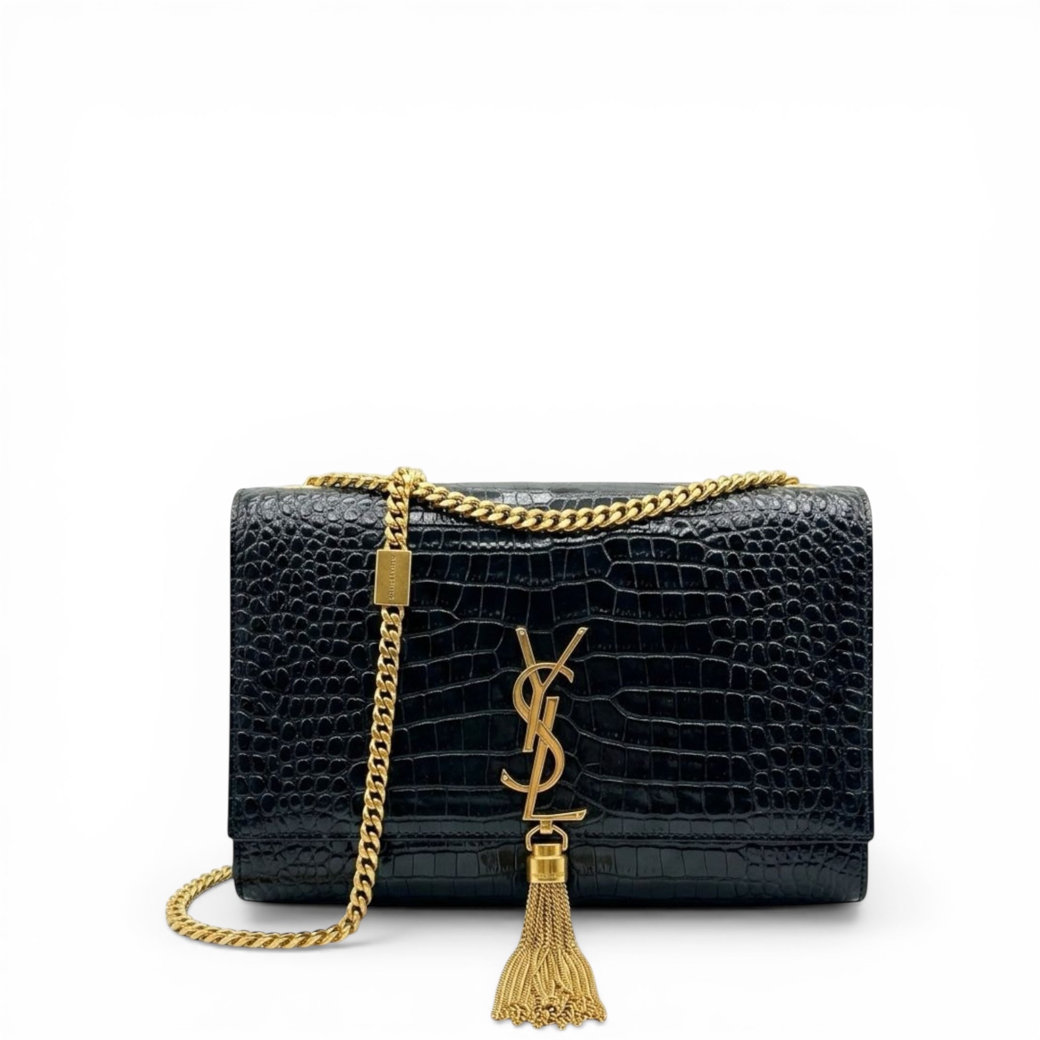 Saint Laurent Kate Tassel Shoulder Bag Medium Black Croc-Embossed Leather