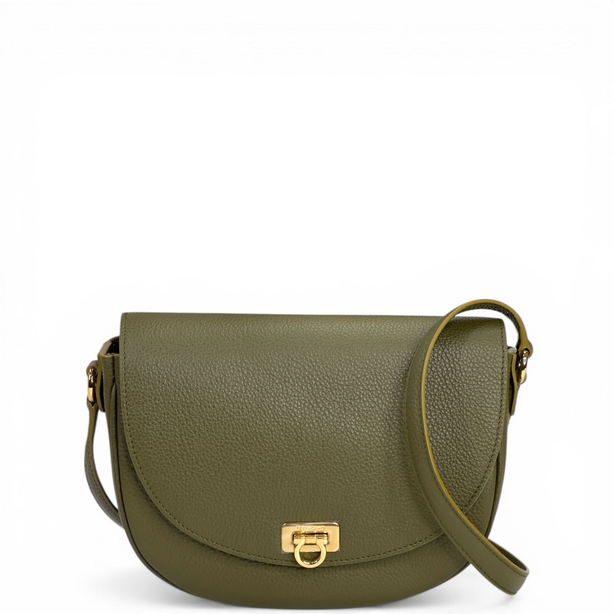 Salvatore Ferragamo Gancini Buckle Crossbody Bag Olive Green Pebbled Calfskin