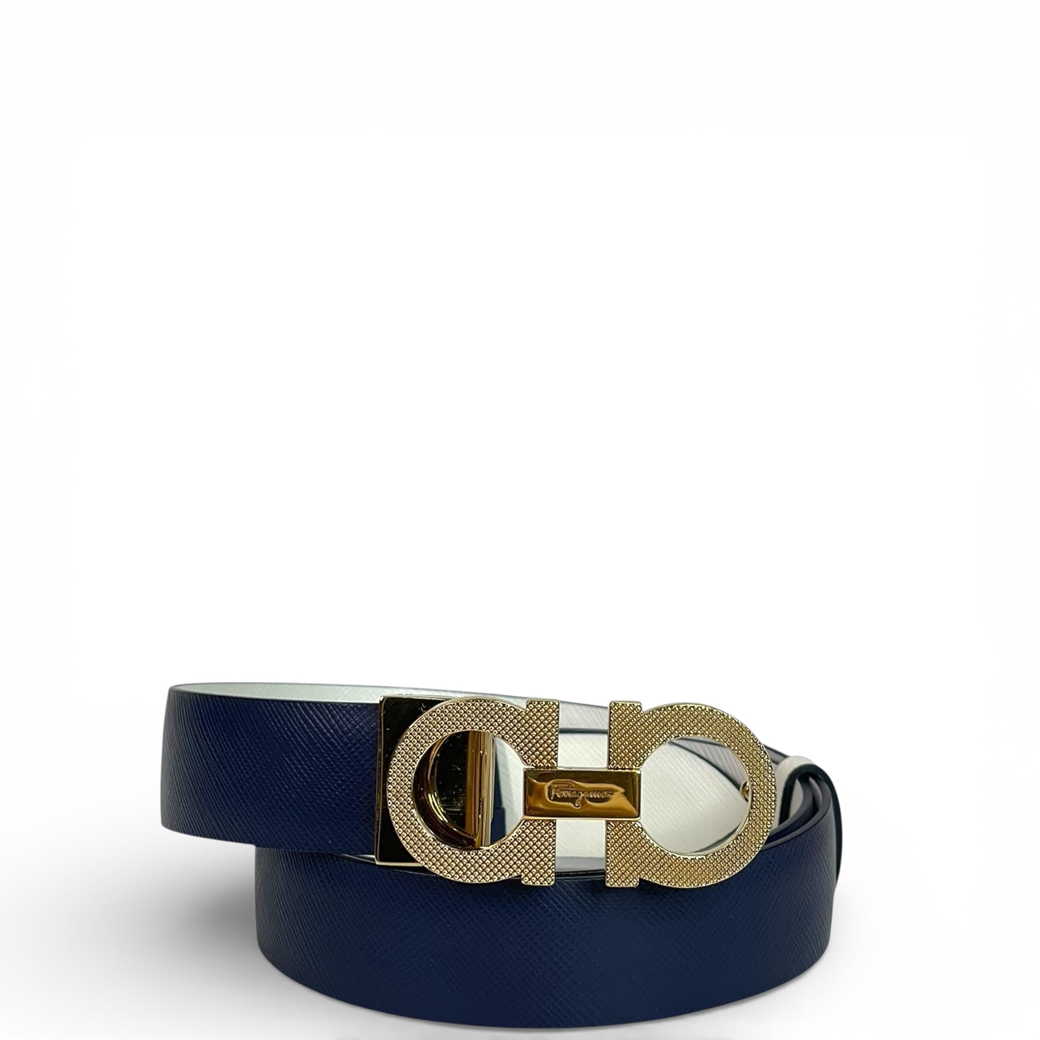 Salvatore Ferragamo Reversible Gancini Belt Blue Whilte Leather 76cm
