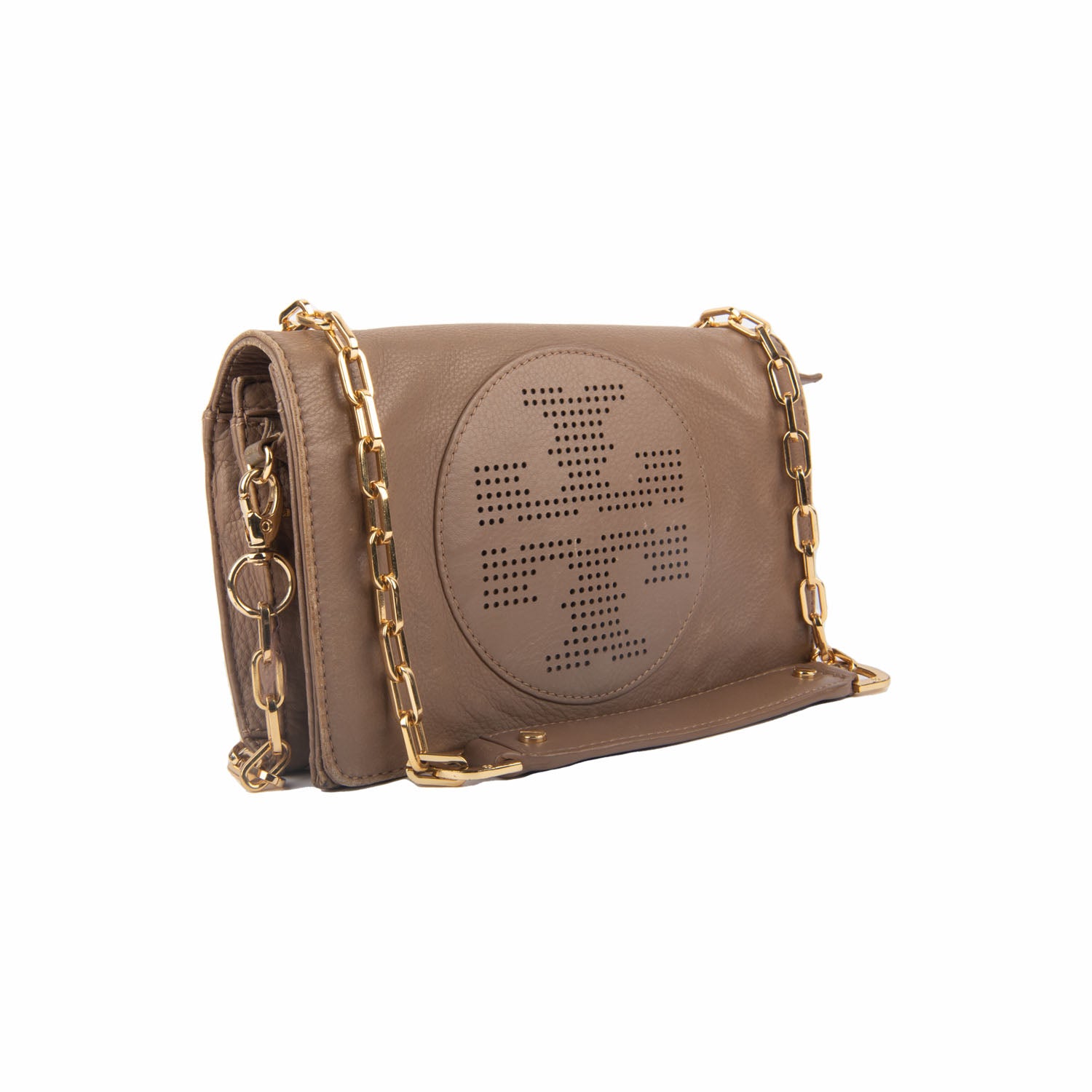 Tory Burch Brown Perforated Logo Leather Flap Crossbody Bag
