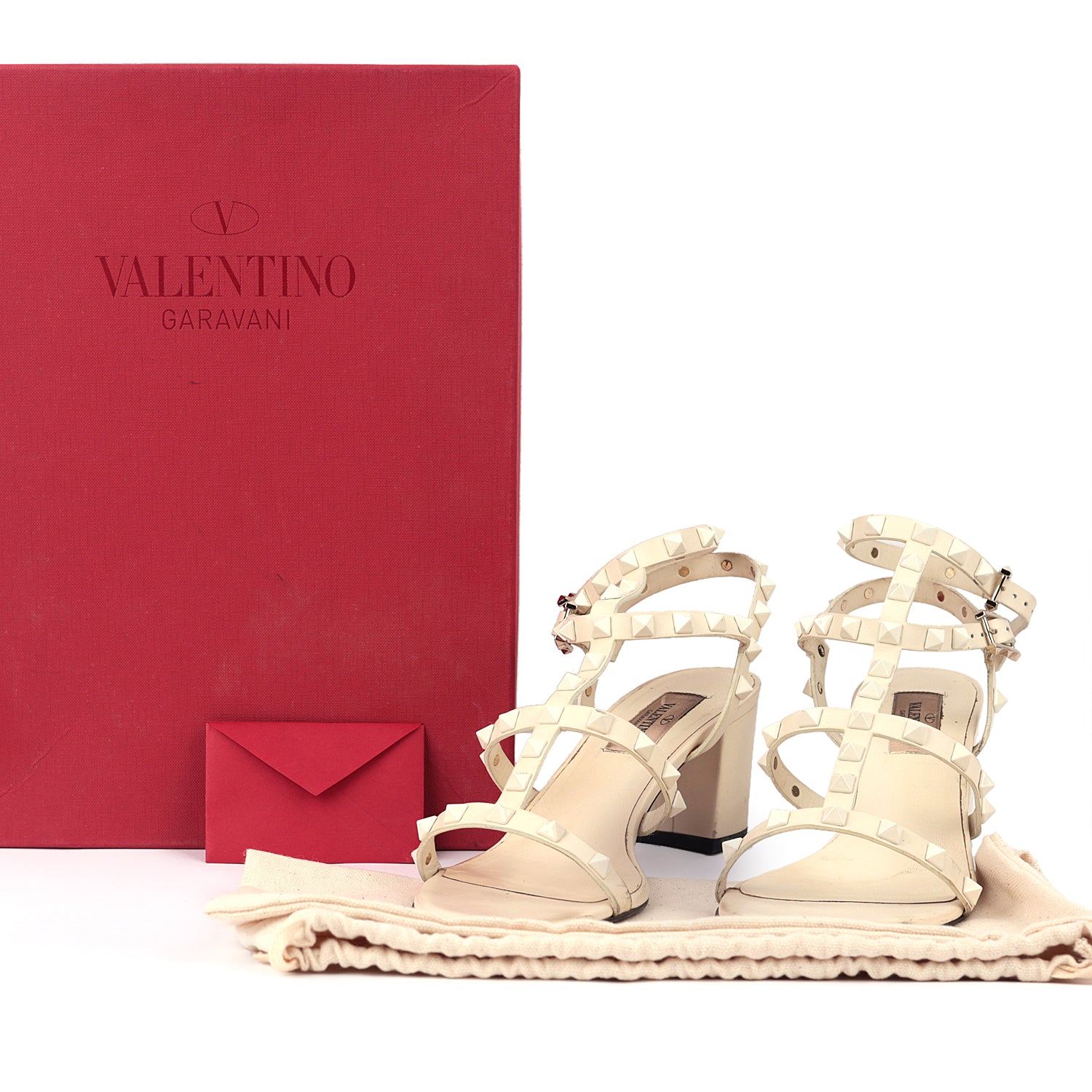 Valentino Off White Leather Rockstud Ankle Strap Sandals