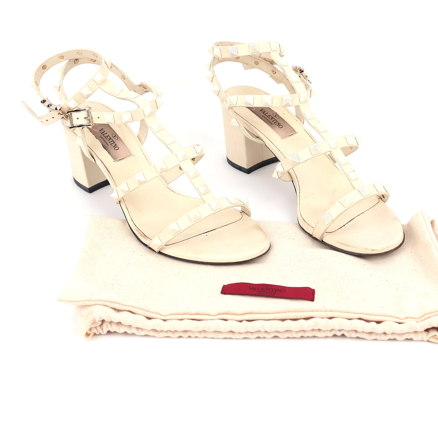 Valentino Off White Leather Rockstud Ankle Strap Sandals
