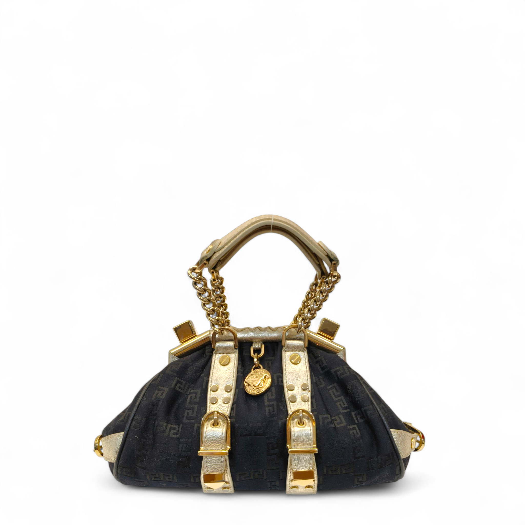 Versace Black/Gold Monogram Fabric and Leather Madonna Framed Satchel Bag