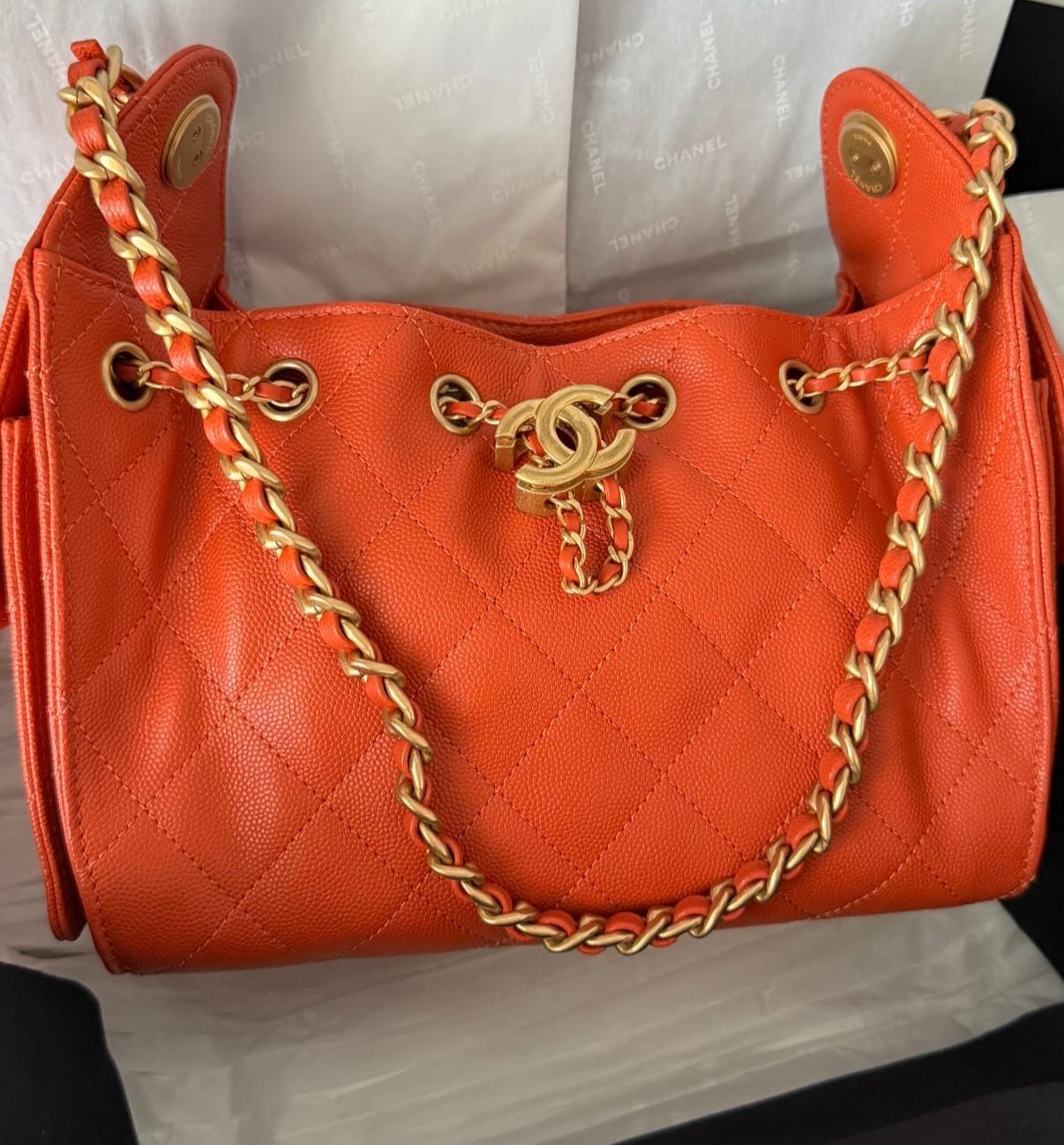 Chanel 25 Mini Handbag Orange Grained Calfskin