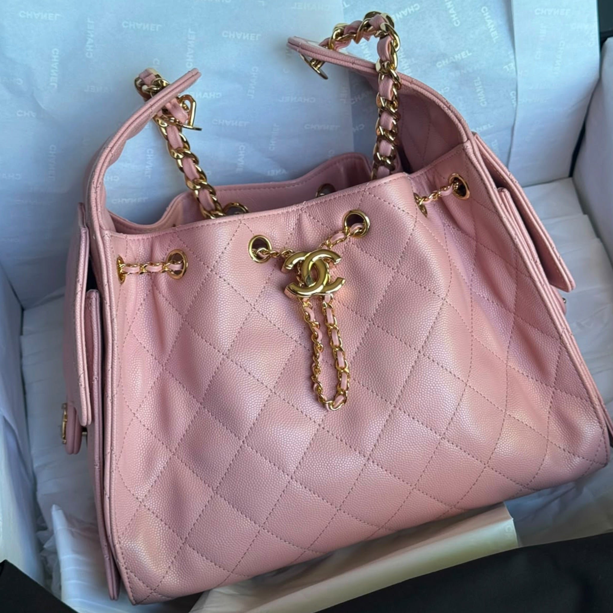 Chanel 25 Small Handbag Pink Grained Calfskin