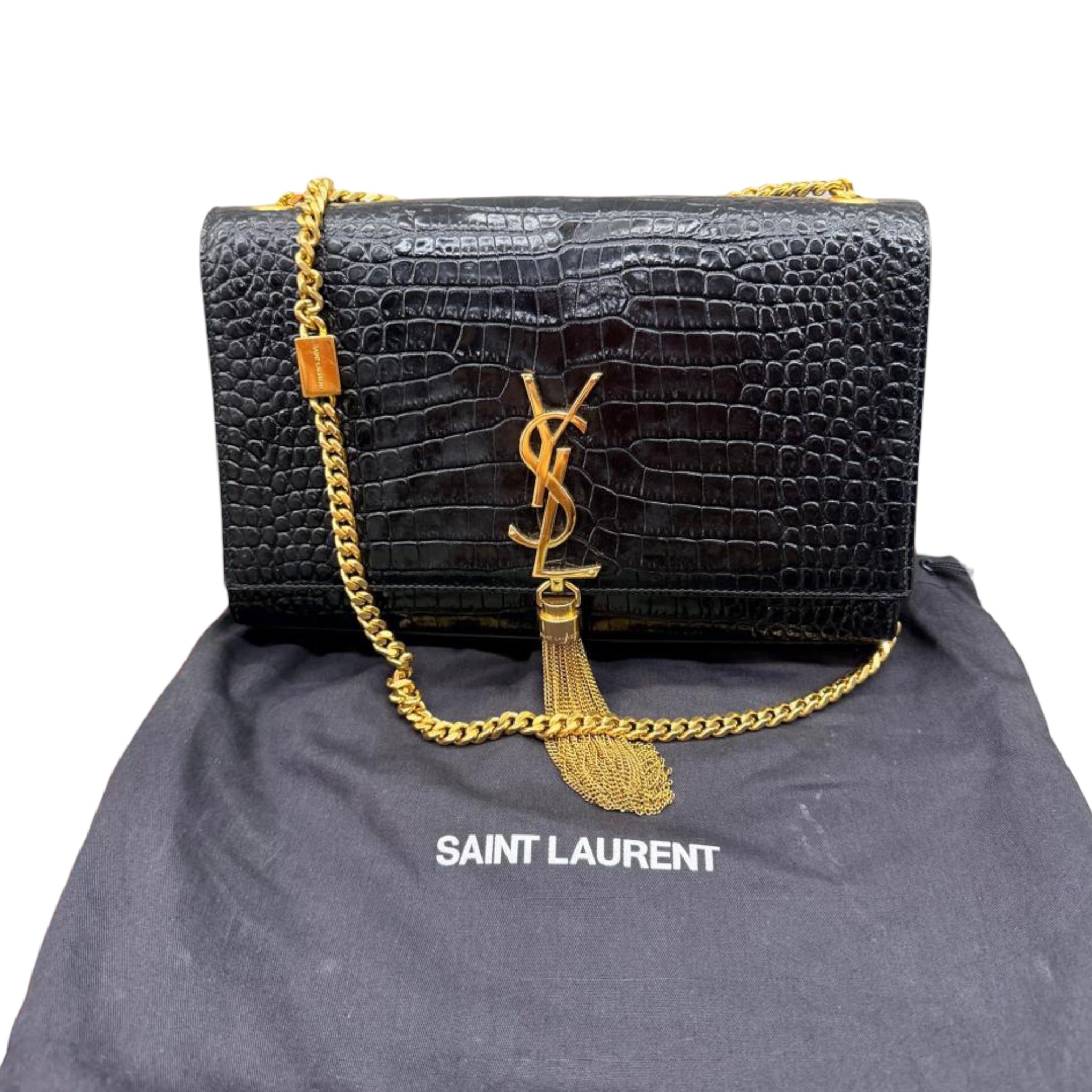 Saint Laurent Kate Tassel Shoulder Bag Medium Black Croc-Embossed Leather