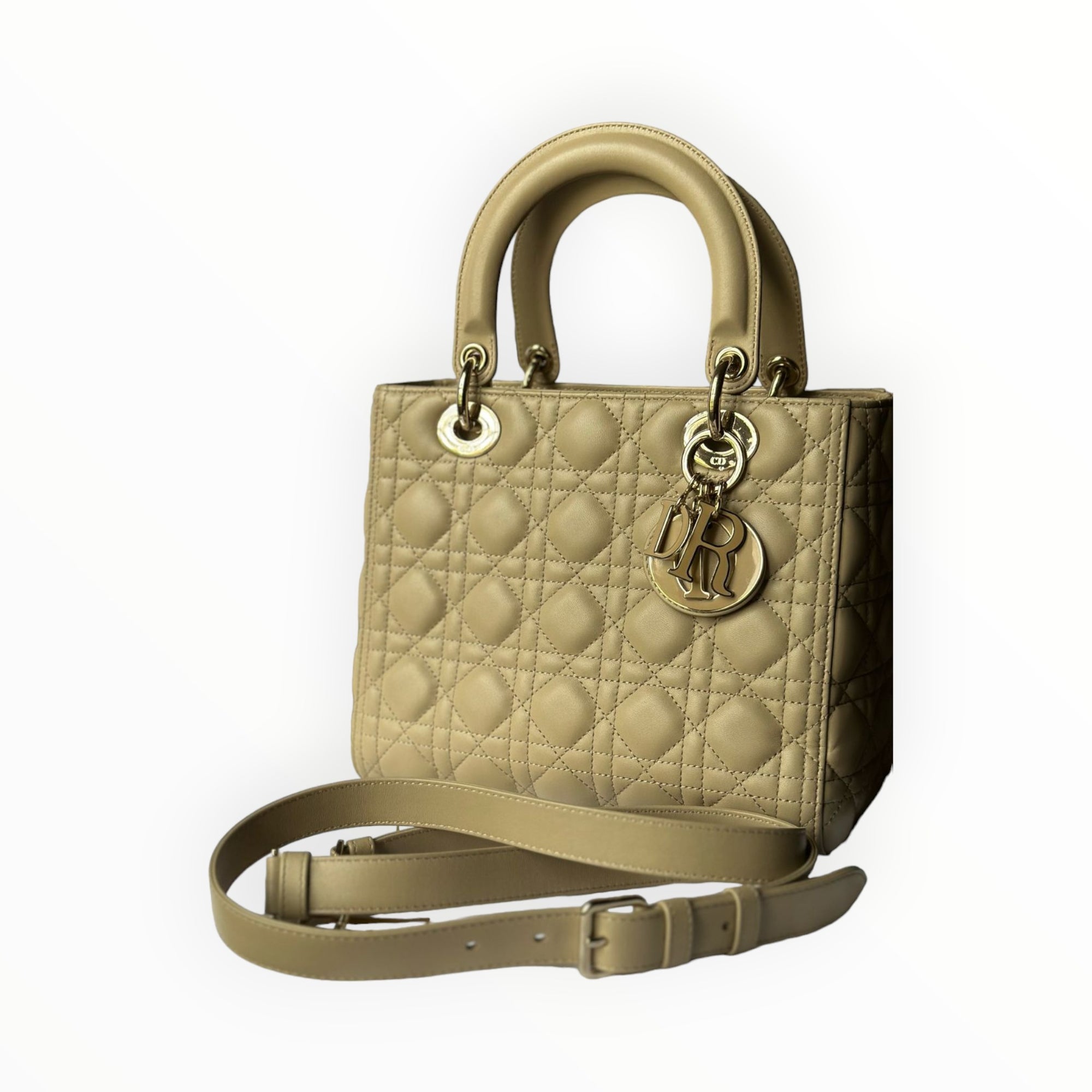 CHRISTIAN DIOR Lady Dior Medium Bag Beige Cannage  Lambskin Gold Hardware