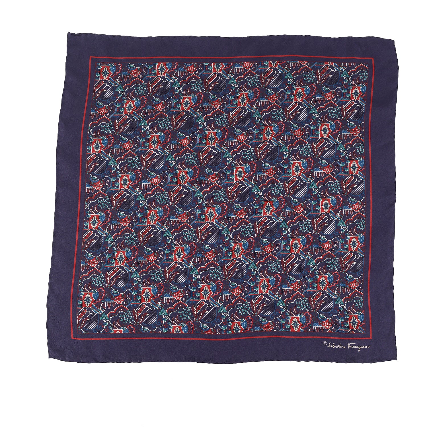 Salvatore Ferragamo Silk Pocket Square Navy Maroon Green