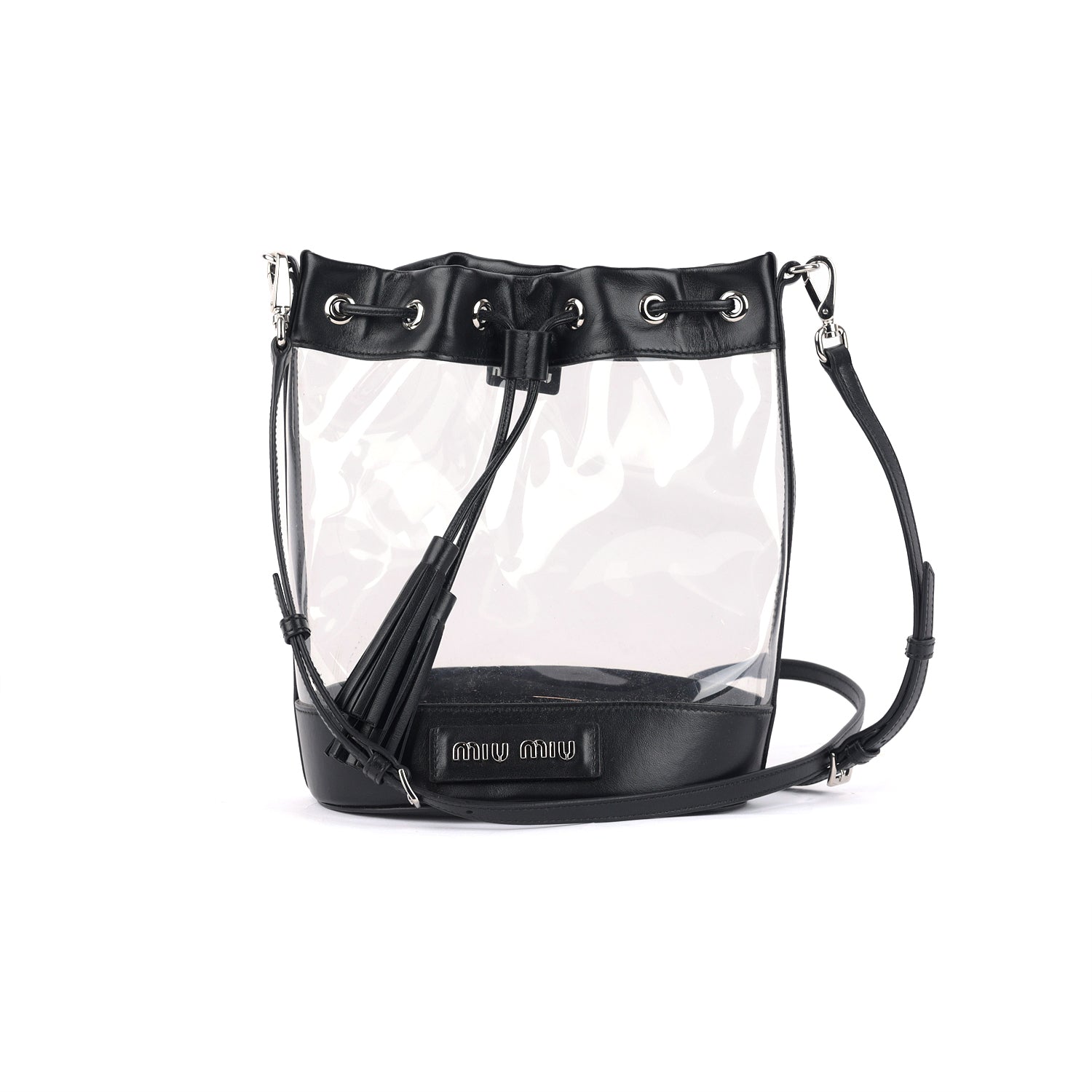 Leather And PVC Drawstring Bucket Bag