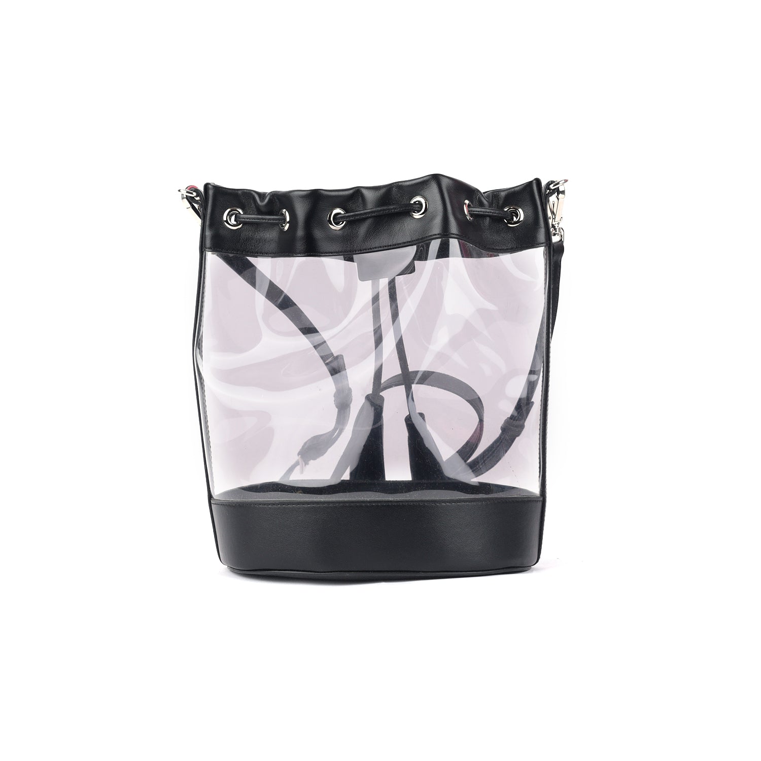 Leather And PVC Drawstring Bucket Bag