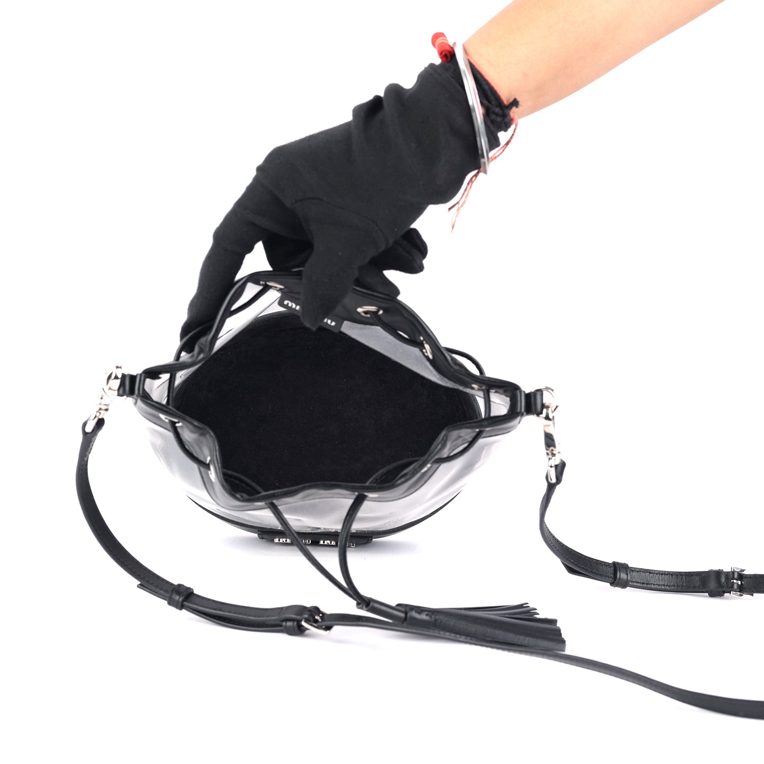 Leather And PVC Drawstring Bucket Bag