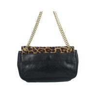 Black Leopard Print Calfhair and Leather Buckle Flap Shoulder Bag