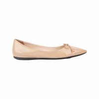 Beige Patent Leather Pointed Toe Bow Ballet Flats